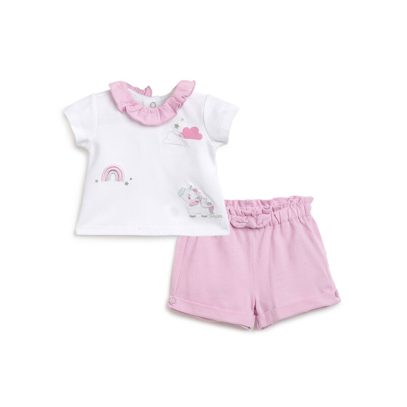 Girls Medium Pink Applique Outfit with Short Pants image number 0